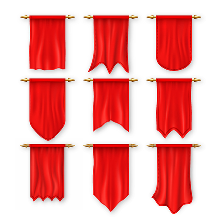 Pennat Flag Set Vector. Red Empty Template. Pennon Fabric Blank. Advertising Canvas Banner. Hanging Wall Pennat. Heraldic 3D Realistic Isolated Illustrationのイラスト素材
