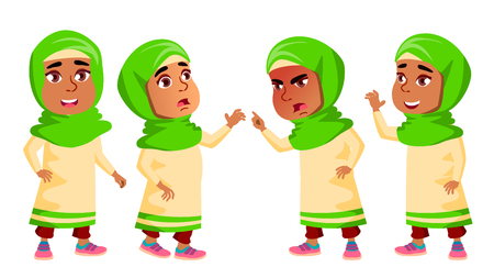 Arab, Muslim Girl Kindergarten Kid Poses Set Vector. Happy Beautiful Children Character. For Advertising, Booklet, Placard Design. Isolated Cartoon Illustrationのイラスト素材