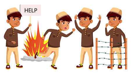 Arab, Muslim Boy Set Vector. Refugee, Military Conflict, War. For Web, Poster, Booklet Design. Isolated Cartoon Illustrationのイラスト素材