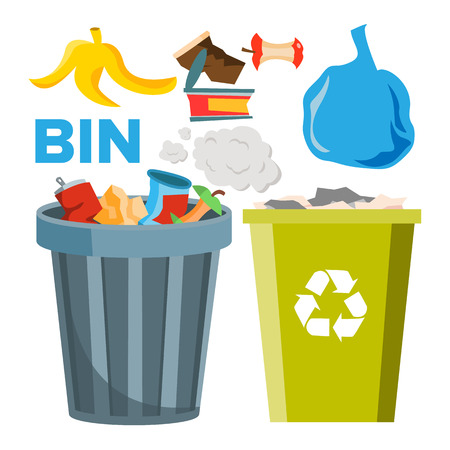 Bin Trash Icons Vector. Classic And Recycling Bins. Isolated Flat Cartoon Illustrationのイラスト素材