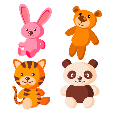 Children Soft Toys Vector. Bear, Tiger, Hare, Panda Flat Cartoon Illustrationのイラスト素材