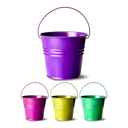 Metal Bucket Vector. Bucketful Different Colors. Classic Jar Empty. Cleaning Equipment For Water. Isolated Realistic Illustrationのイラスト素材