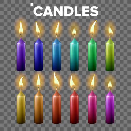 Candles Set Vector. Transparent Background. Paraffin Symbol. Meditation Element. Decorative Icon. Isolated Realistic Illustrationのイラスト素材