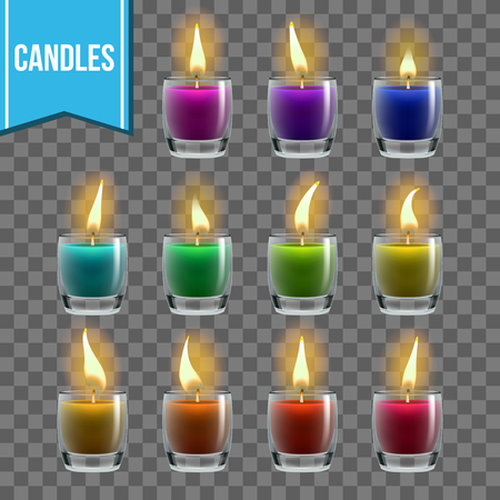 Candles Set Vector. Glass Jar. Christmas Lighter. Wax Design. Romantic Object. Transparent Background. Realistic Illustrationのイラスト素材