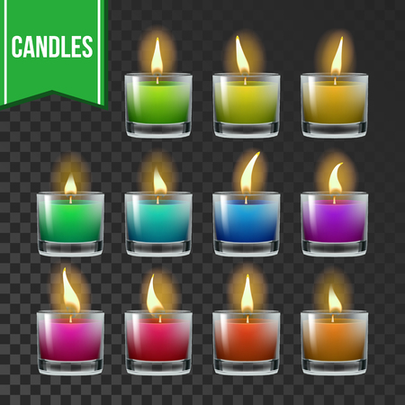 Candles Set Vector. Glass Jar. Paraffin Symbol. Meditation Element. Decorative Icon. Transparent Background. Realistic Illustrationのイラスト素材