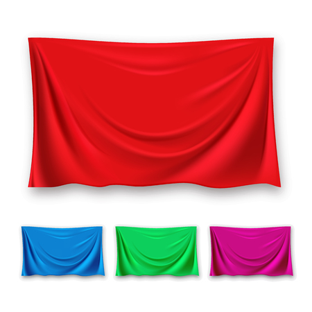 Red Silk Cloth Set Vector. Fabric Cloth Waving Shape. For Presentation. Banner. Velvet Luxury Textile Drapery. 3D Realistic Decoration Element Isolated Illustrationのイラスト素材