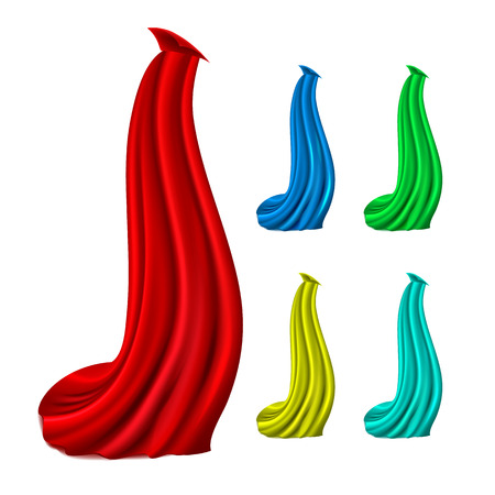 Cloak Red Silk Cloth Set Vector. Fabric Waving Shape. Velvet Textile Drapery. 3D Realistic Decoration Element Isolated Illustrationのイラスト素材