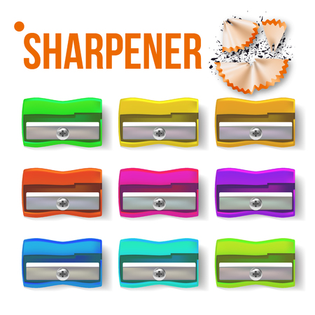 Sharpener Stationery Set Vector. Plastic. Educational Tool. Drawing. Realistic Isolated Illustrationのイラスト素材