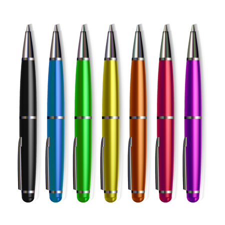 Pen Stationery Set Vector. Office Writing Metal Tools Accessory. Realistic Isolated Illustrationのイラスト素材