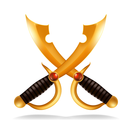 Gold Crossed Sword Saber Vector. Golden Shiny Weapon. Power Safety Protect Symbol. Isolated Illustrationのイラスト素材