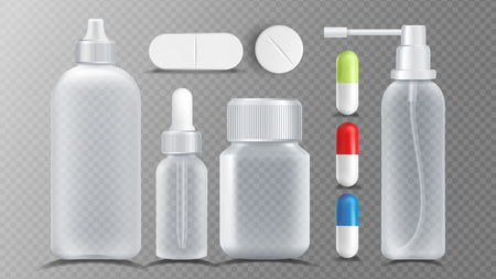 Transparent Medical Container Vector. Jar For Tablets, Vitamin, Capsule. Packaging Design Realistic Illustrationのイラスト素材
