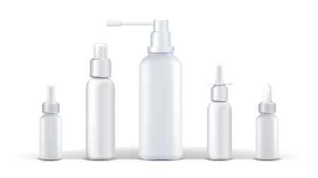 Medical Container Vector. Spray Runny Nose. White Plastic Bottle Mockup. Branding Design. Health. White Can. Realistic Illustrationのイラスト素材