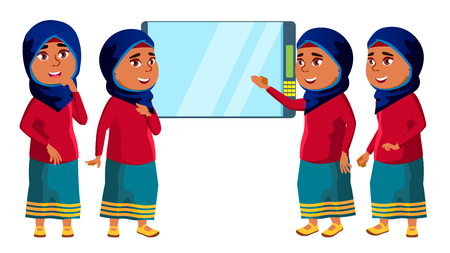 Arab, Muslim Girl Kid Poses Set Vector. High School Child. Life, Emotional, Pose. For Presentation, Print, Invitation Design. Isolated Cartoon Illustrationのイラスト素材