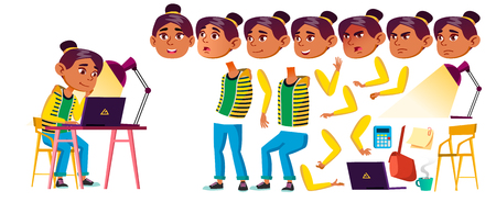 Arab, Muslim Girl Kid Vector. High School Child. Animation Creation Set. Face Emotions, Gestures. Children Study. Knowledge, Learn, Lesson. Print, Invitation Design. Animated. Illustrationのイラスト素材