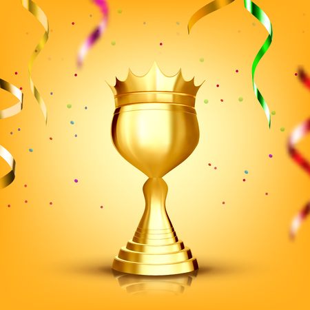 Golden Award Cup Vector. Gilded Metal Object. Leader Tag. Athlete Power. Number One. First Place. Achievement Sign. Decoration Element. 3D Realistic Illustrationのイラスト素材