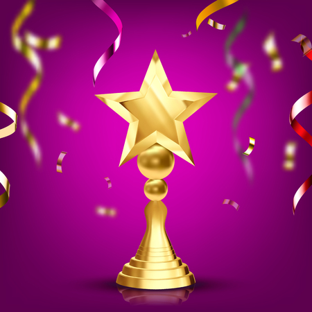 Golden Cup Vector. Gilded Metal Object. Leader Tag. Athlete Power. Number One. First Place. Achievement Sign. Decoration Element. 3D Realistic Illustrationのイラスト素材