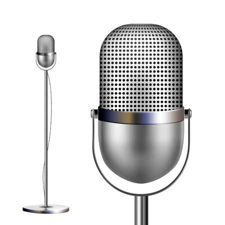 Retro Metal Microphone With Stand Vector. Chrome. Music Icon. Vintage Concert. Audio Communication. Illustrationのイラスト素材