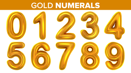 Gold Numerals Set Vector. Golden Yellow Metal Letter. Number 0 1 2 3 4 5 6 7 8 9. Alphabet Font. Typography Design Element. Party Background. Symbol. Metallic 3D Realistic Illustrationのイラスト素材