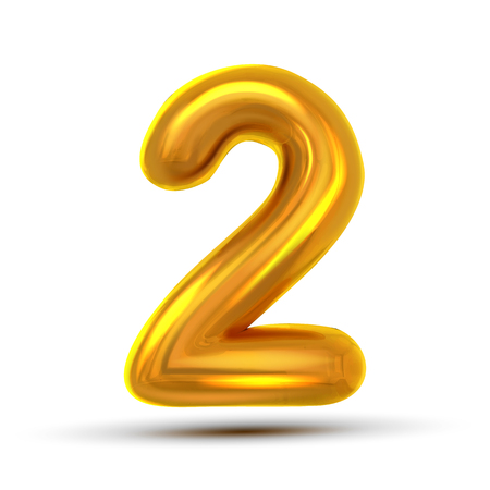 2 Two Number Vector. Golden Yellow Metal Letter Figure. Digit 3. Numeric Character. Alphabet Typography Design Element. Party Foil Symbol. Numeral Metallic 3D Realistic Illustrationのイラスト素材