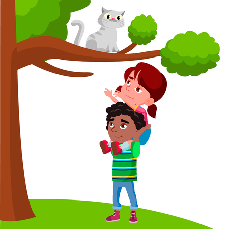 Little Girl Sits On The Boy Shoulders And Pulls Her Hands To Cat Sitting On Tree Vector Flat Cartoon Illustrationのイラスト素材