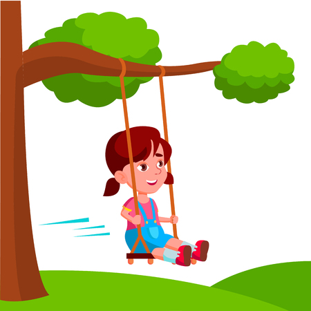Girl Swinging On A Swing Tied To Tree Branch Vector Flat Illustrationのイラスト素材
