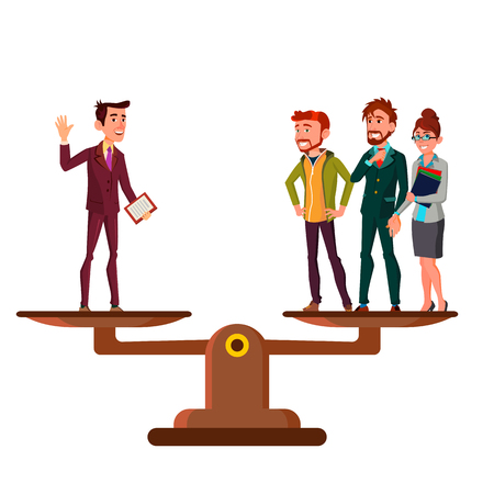 Man Versus Group Of People Stand On Scales In Equal Balance Vector Flat Cartoon Illustrationのイラスト素材