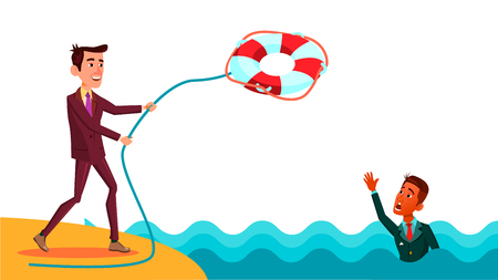 Help A Colleague. Businessman Throws Lifebuoy To Indian Colleague Vector Flat Cartoon Illustrationのイラスト素材