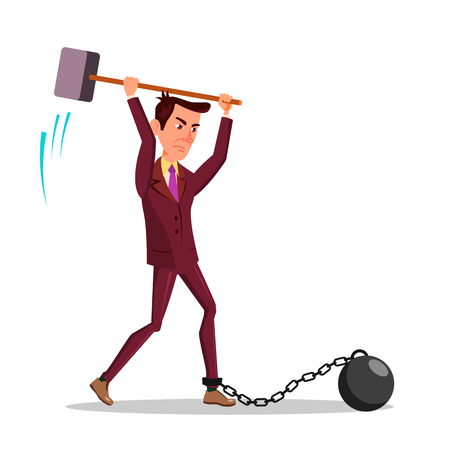 Angry Businessman Cutting Iron Chain With Big Hammer Vector Flat Cartoon Illustrationのイラスト素材