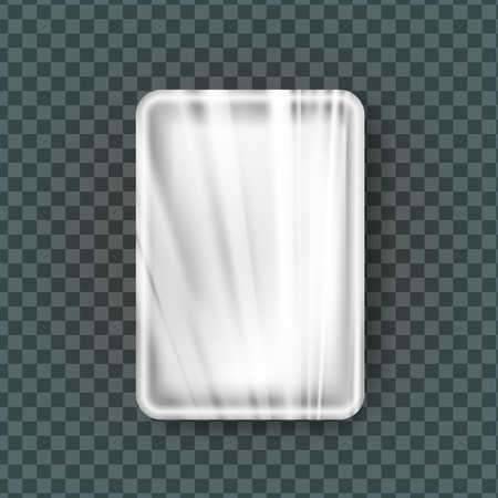 Plastic Tray Vector. Transparent Food Container Tray Wrap. Empty Product Polyethylene Mock Up Template. Nylon Doy Pack Branding Package Illustrationのイラスト素材