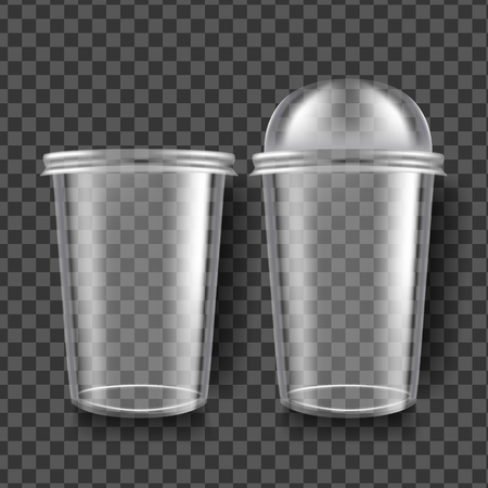 Plastic Cup Vector. Transparent Sphere Dome Cup. Empty Product Polyethylene Mock Up Template. Branding Package Illustrationのイラスト素材