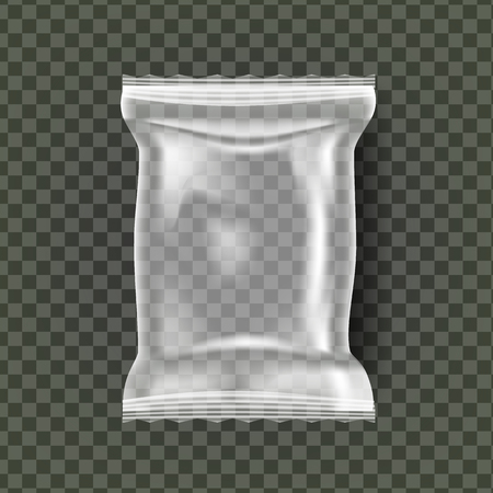 Plastic Snack Packaging Vector. Transparent Pillow Bag Wrap. Empty Product Polyethylene Mock Up Template. Nylon Doy Pack Branding Package Illustrationのイラスト素材