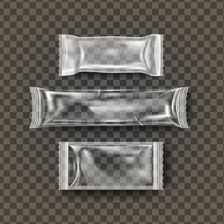 Plastic Biscuit Vector. Transparent Cookie Bar Dessert Wrap. Empty Product Polyethylene Mock Up Template. Nylon Doy Pack Branding Package Illustrationのイラスト素材