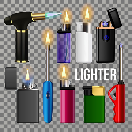 Lighter Set Vector. Fire Object Blank. Corporate Light Accessory. Ignite Item. Cigarette Gas Plastic Lighter. Fuel. 3D Realistic illustrationのイラスト素材