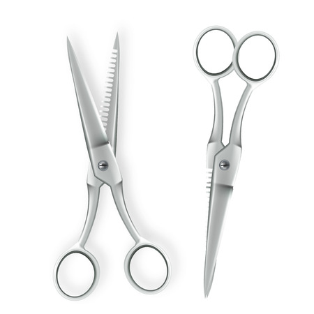 Scissor Vector. 3D Realistic Scissor Icon. Hairdresser Symbol. Opened And Closed. Metal Handle Illustrationのイラスト素材
