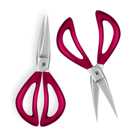 Scissor Vector. 3D Realistic Scissor Icon. Plastic Handles. Opened And Closed. Paper Cut. School, Office Object. Illustrationのイラスト素材