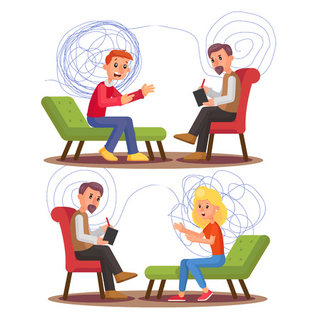 Psychiatry, Psychology Professional Consultation Vector Illustration Set. Psychiatry Therapy. Psychiatrist, Patient Talking Characters. Mental Health. Psychologist Appointment, Visit Flat Clipartのイラスト素材