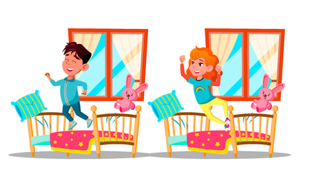 Children Waking Up Vector Cartoon Characters Set. Cheerful Kids Waking Up In Early Morning Isolated Cliparts Pack. Happy Boy And Girl Jumping On Beds. Siblings Room. Awakening Flat Illustrationのイラスト素材