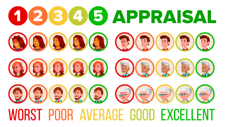 Five Steps Mood Appraisal Vector Icons Set. User Satisfaction Appraisal System, Service Quality Evaluation, Ranking. Worst, Poor, Average, Good, Excellent Rating. User Feedback Flat Illustrationのイラスト素材