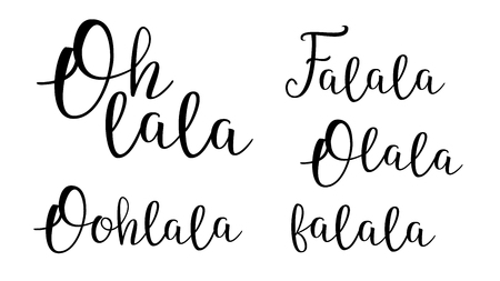Oh Lala Vector Decorative Cursive Calligraphy Set. Fa Lala Handwritten Inscriptions Pack. Romantic Phrase, Message. French Saying, Excitement Expression. Postcard, Textile Ink Pen Typographyのイラスト素材