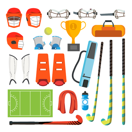 Field Hockey Icons Set . Field Hockey Accessories. Ball, Helmet, Protection, Stick, Cup Isolated Cartoon Illustrationの写真素材