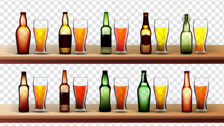 Different Bottles And Glasses With Beer Set Vector. Mockup With Blank Sticker. Light And Dark Lager Foamy Beer On Wooden Shelves. Image Isolated On Transparency Grid Background. 3d Illustrationのイラスト素材