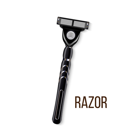 Realistic Man Steel Shaving Razor For Face Vector. Metal Safety Stylish Razor. Grooming For Smooth Skin And Beard. Personal Facial Care Hygiene Concept. Top View Image 3d Illustrationのイラスト素材