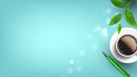 Overhead Writer Desk Composition Flat Lay Vector. Green Leaves Of Home Plant, Cup And Plate With Black Aroma Espresso Near Pen With Abstract Bubbles On Desk. Copy Space Top View Illustrationのイラスト素材