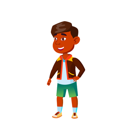 Indian Boy Kindergarten Kid Poses Vector. Character Playing. Childish. Casual Clothe. For Presentation, Print, Invitation Design. Isolated Cartoon Illustrationのイラスト素材