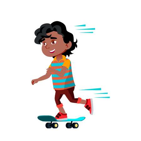 Black, Afro American Boy Kindergarten Kid Poses Vector. Character Playing. Childish. Casual Clothe. For Presentation, Print, Invitation Design. Isolated Cartoon Illustrationのイラスト素材