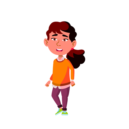 Asian Girl Kindergarten Kid Poses Vector. Character Playing. Childish. Casual Clothe. For Presentation, Print, Invitation Design. Isolated Cartoon Illustrationのイラスト素材