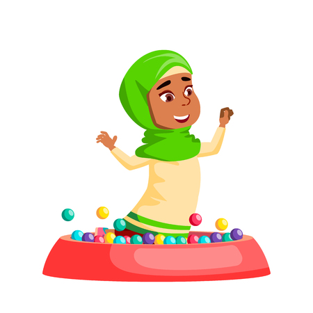 Arab, Muslim Girl Kindergarten Kid Poses Vector. Character Playing. Childish. Casual Clothe. For Presentation, Print, Invitation Design. Isolated Cartoon Illustrationのイラスト素材