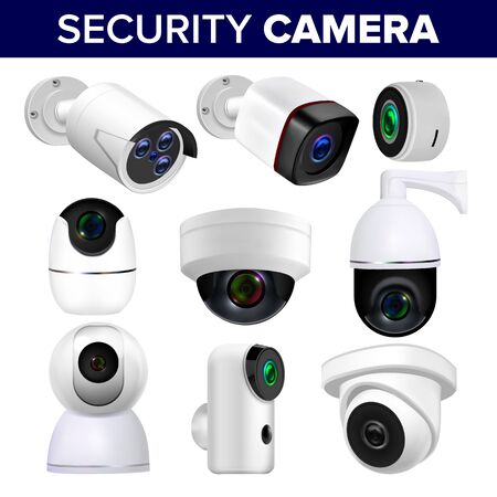 Video Surveillance Security Cameras Set Vector. Collection Of Different Control Recording And...