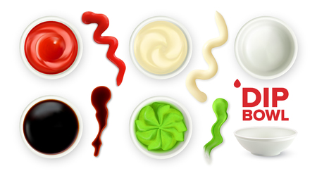 Empty Dip Bowl And Full With Sauce Set Vector. Flavored Ketchup And Mayonnaise, Soy Sauce And Wasabi With Splashes For Dishes. Seasoning Top View Colorful Realistic 3d Illustrationのイラスト素材