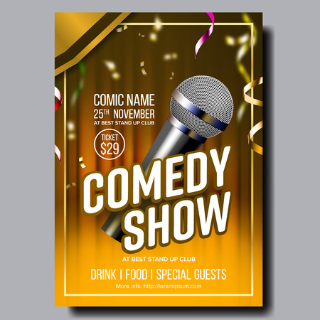 Modern Stylish Poster Card Of Comedy Show Vector. Microphone, Confetti, Yellow Curtain And Calligraphy Text Of Entertainment Depicted On Funny Comedy Performance Banner. Realistic 3d Illustrationのイラスト素材